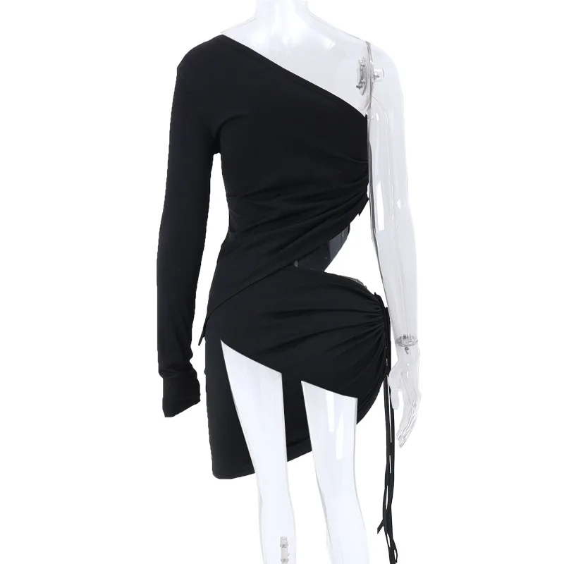 Women Drawstring Skirts Sets Sexy One Shoulder Two Piece Sets Autumn Long Sleeve Tops+Mini Skirts Suits Solid Party Dress Sets