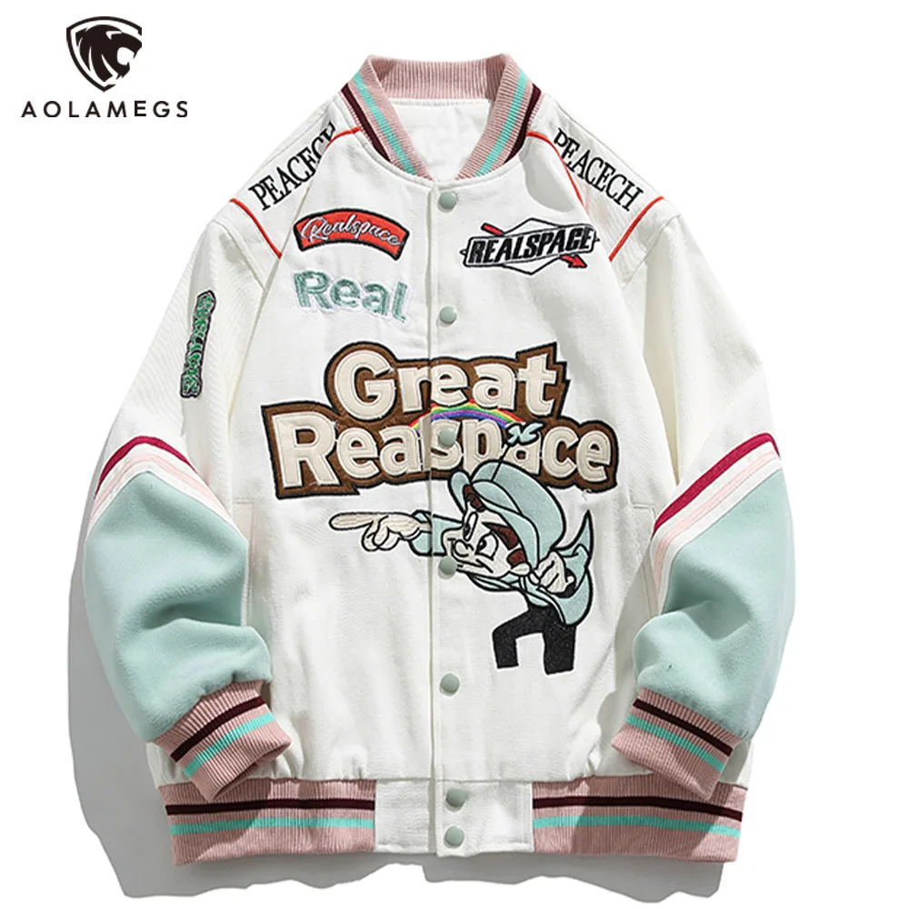 Streetwear Men's Jacket Letter Print Baseball Uniform Jacket Casual Hip Hop Cartoon Splicing Coat Spring Fashion Unisex Clothes