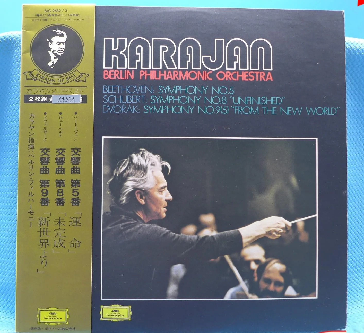 Old 33 RPM 12 inch 30 cm Vinyl Records 2 LP Disc Karajan Conductor Beethoven Schubert Dvorak Symphony No. 5 8 9 Classic Music