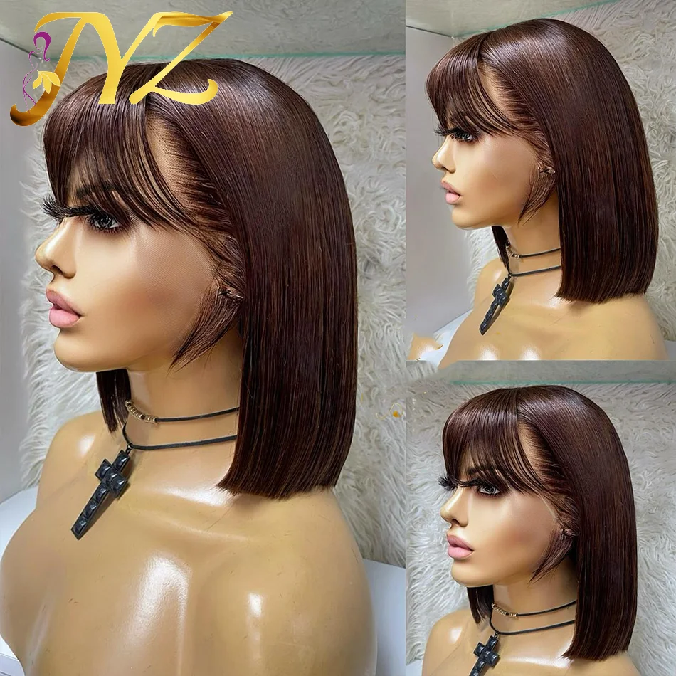 

150% Bob Human Hair Wigs For Women 13x4 Lace Front Brown Wig With Bangs Human Hair Short Human Hair Straight Remy Brazilian JYZ