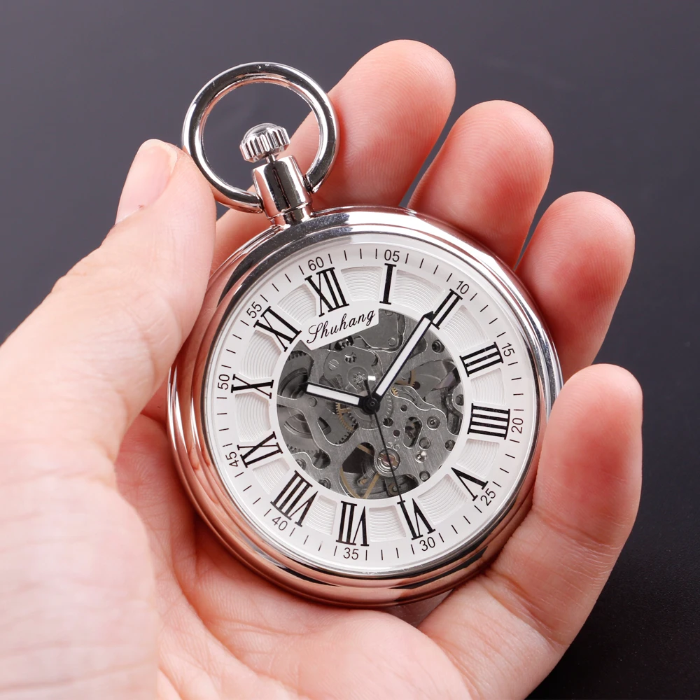 2022 New Fashion Mechanical Pocket Watch Silver Roman Numerals Gentleman Retro Pocket Watch Men's Birthday Anniversary Gift