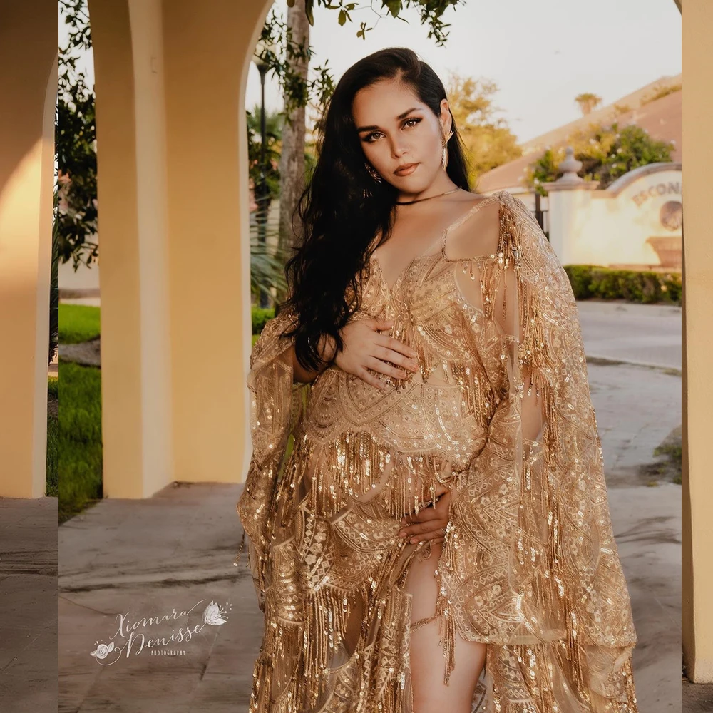 Maternity Photography Gown Boho Style V-neck  Lace Sequin Tassel Pregnant Dress Baby Shower Party Dress For Photo Shoot Props enlarge