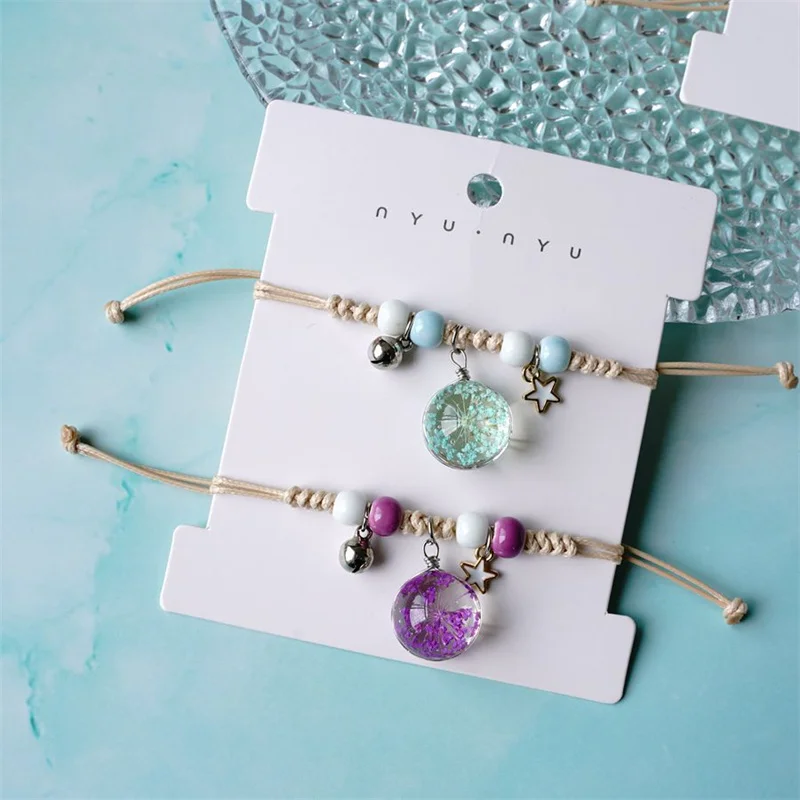 

Cute Colorful Crystal Glass Dried Flower Bracelet for Women Plant Specimens Star Bells Rope Chain Charm Bracelet Couple Jewelry