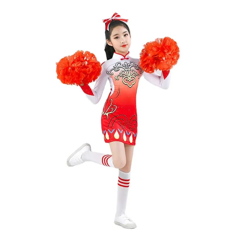 Girls Cheerlead Dance Costumes Flash Drill Women Dress Cheerleading Uniform Chinese Style Printi Aerobics Gymnastics Show Costum