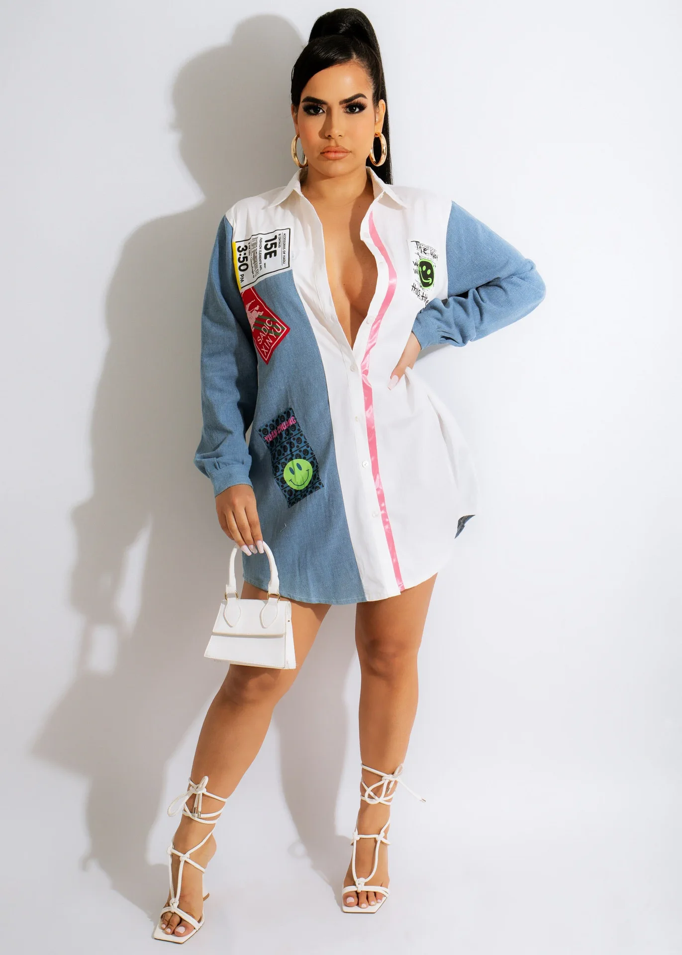 

Women Denim Blouse Washed Blue Long Sleeve Jean Shirt Button Down Lapel With Print Jeans Dress