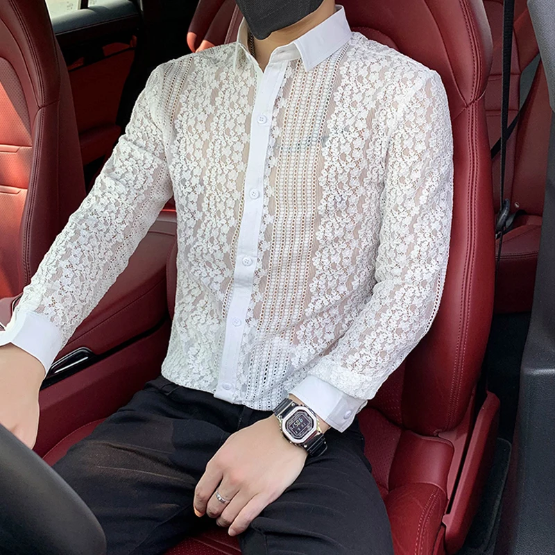 Men Dress Shirt 2022 Fashion Sexy Transparent Lace Long Sleeve Slim Fit Casual Shirt Social Party Nightclub Tuxedo Stage Costume