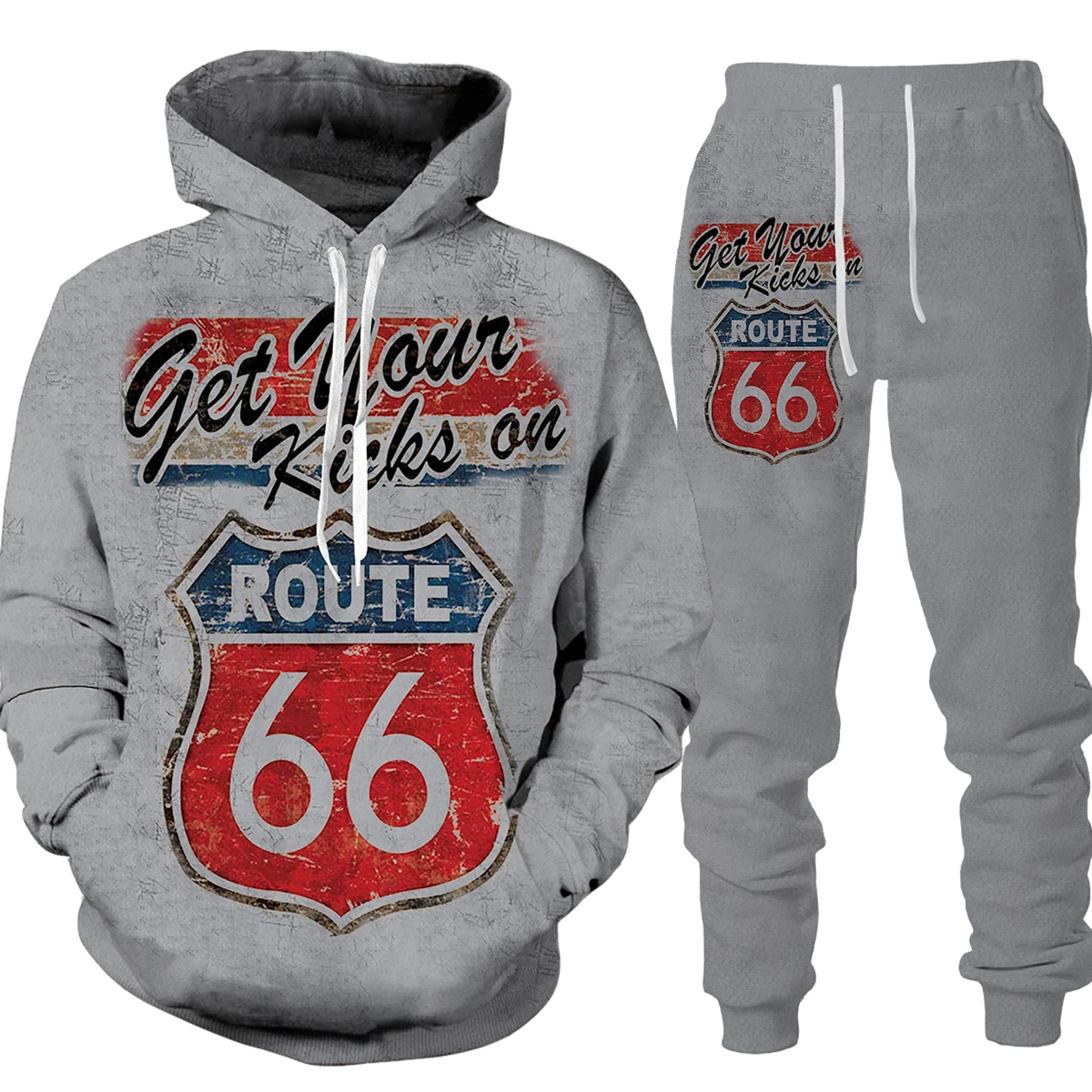 Spring Autumn Men's Oversized Loose Hoodie/Suits Vintage Long Sleeve America Route 66 Letters Printed O-Collar Hoodie Tracksuit