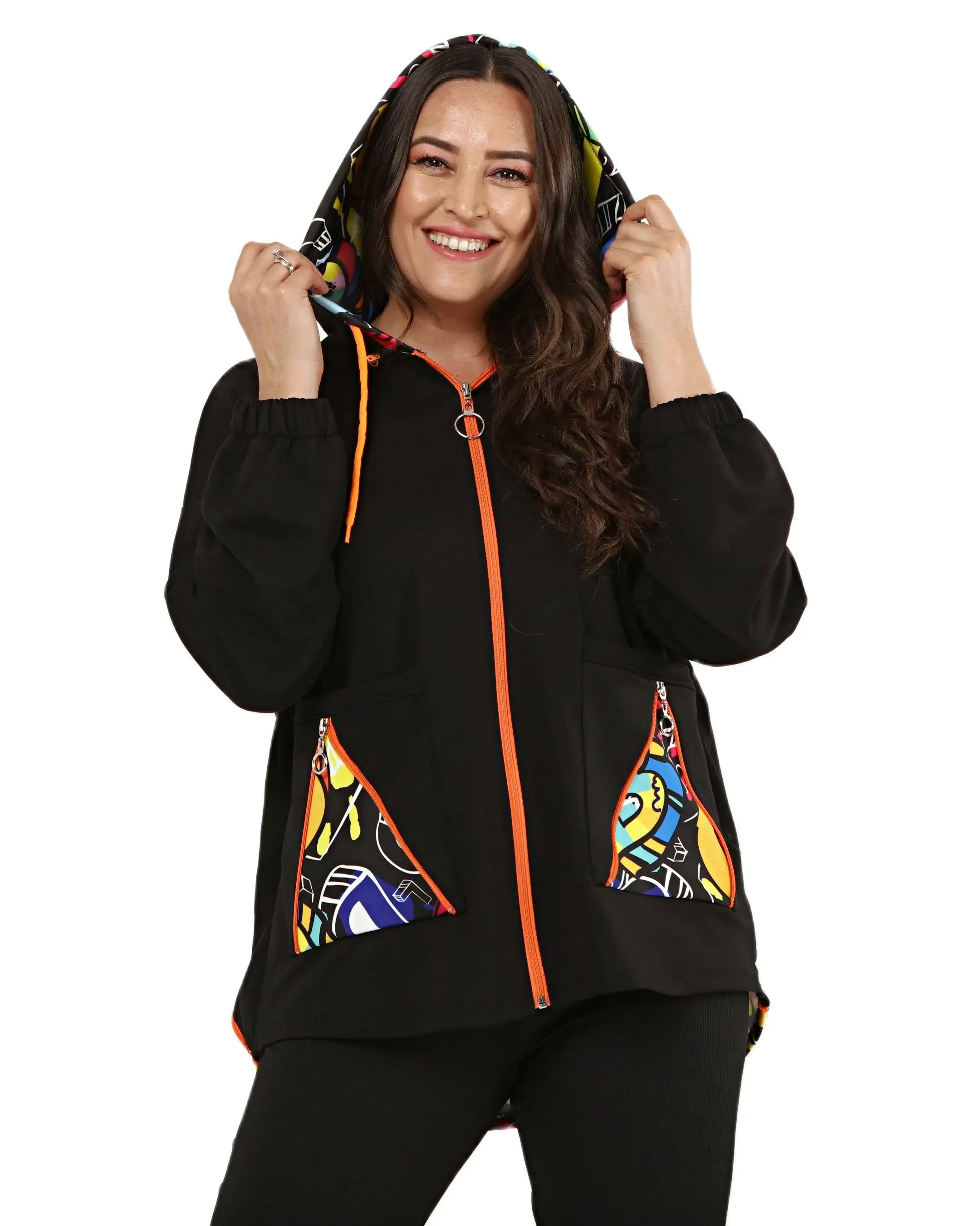 Women’s Plus Size Black Hoodie Colorful Patchwork Zipper Detail, Designed and Made in Turkey, New Arrival