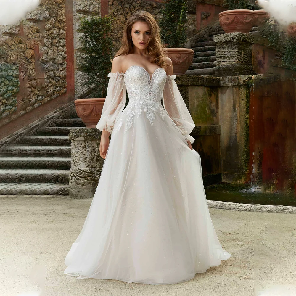 

Luxury Wedding Sweetheart Neckline Backless Applique Design Mop Skirt Light Tulle Long Sleeve Evening Dress Wedding Dress