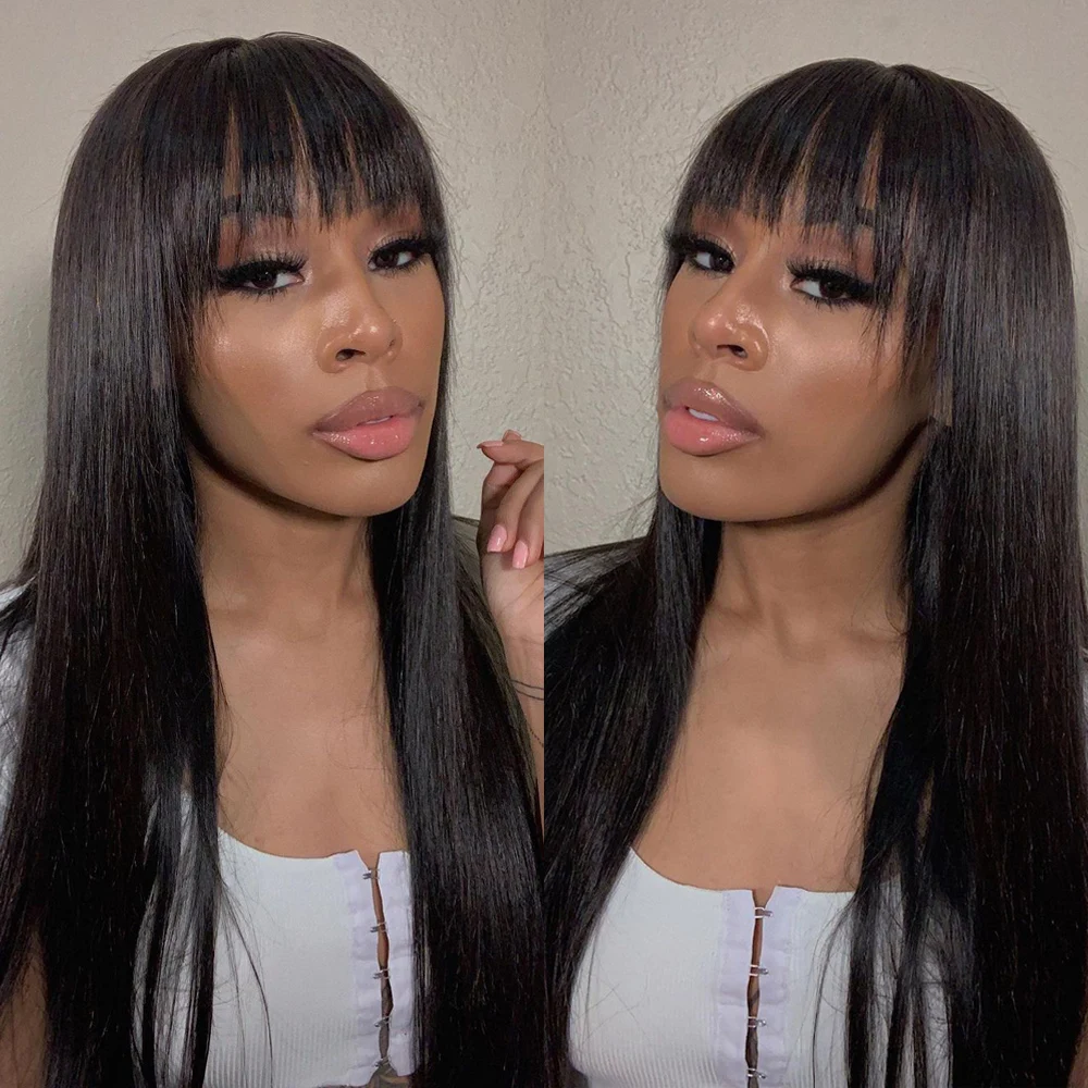Straight Wig With Bangs Fringe Bob Human Hair Wig With Bangs For Women Brazilian Remy Hair Glueless Full Machine Made With Bangs