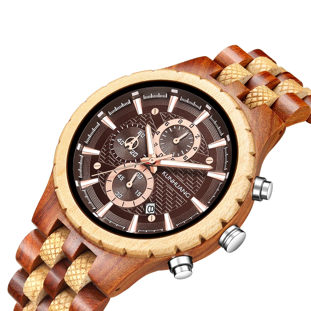 Kunhuang Wood Watch Man Multi-Functional Fashion Simple Timepiece Chronograph Pure Wood Watch Military Sport Quartz Wristwatch