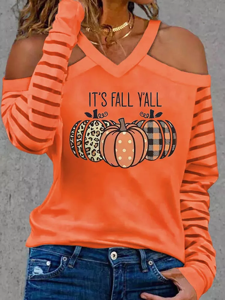 

Off Shoulder Women T-shirts Long Sleeve Sling Neck t's Fall Y'all Leopard Pumpkin Print Striped Blouse Funny Vintage Casual Tee
