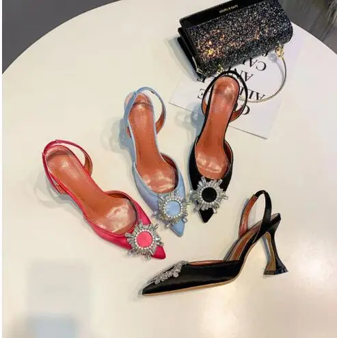 

Big Size 41 42 Blue Women Pumps Silk Satin Pointy Toe Rhinestone Crystal High Heels Shoes Slip On Women Wedding Pumps Sandal