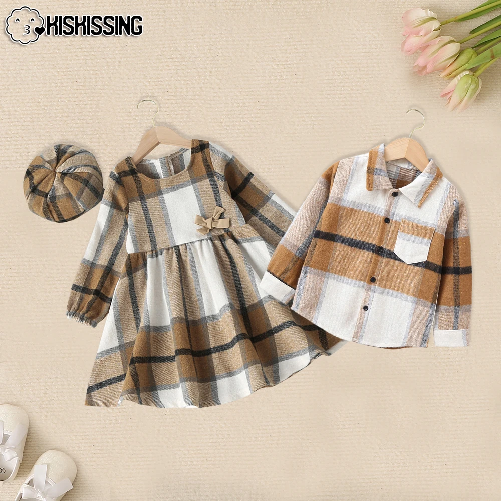 

KISKISSING Brother Sister Baby Clothing Autumn Gingham Girls Dresses Boys Shirts Kids Boutique Children Family Matching Outfits