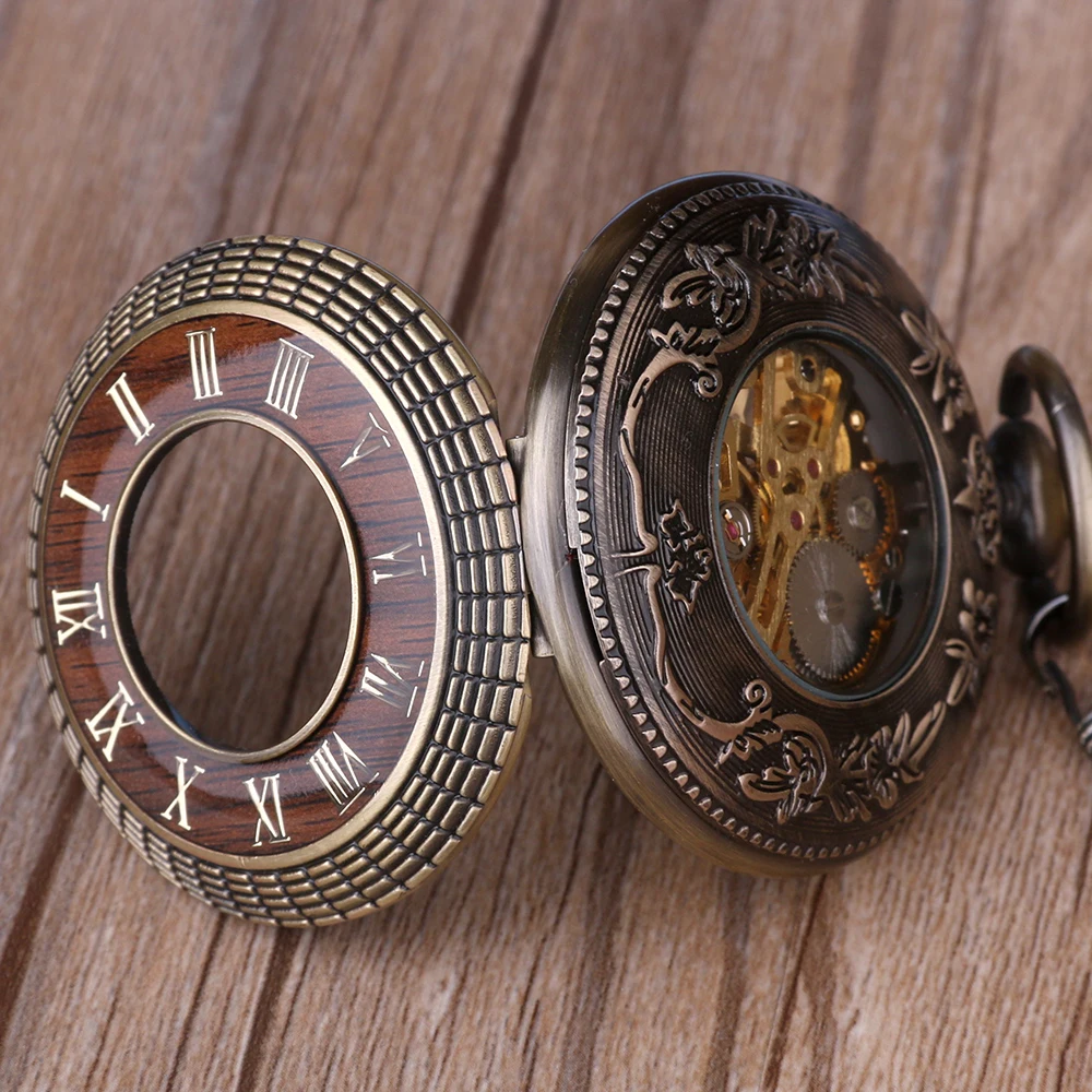 Top Fashion Wooden Design Carved Roman Numerals Vintage Mechanical Pocket Watches For Men Women Necklace Pendant with Chain Gift