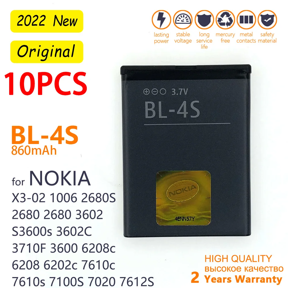 

10PCS GENUINE 860mAh BL 4S BL-4S Battery For Nokia 1006 2680s 3600s 3602S 6202C 6208c 7020 7100s 7610 X3-02 3710f Battery BL4S