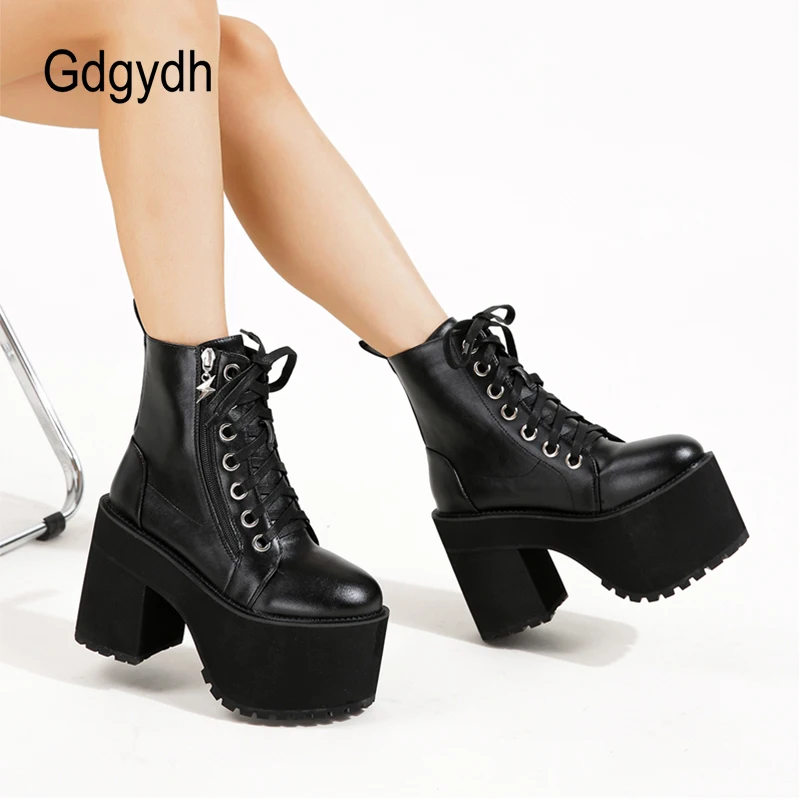 Gdgydh Womens Lace Up Combat Boots Platform Extreme High Heels Fashion Zipper Cosplay Ankle Boots Concert Clubwear Faux Leather