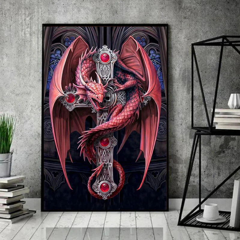 

Hell Devil Dragon Canvas Painting Wall Art Red Wings Demon Dragon On Sword Posters And Prints For Living Room Fantasy Home Decor