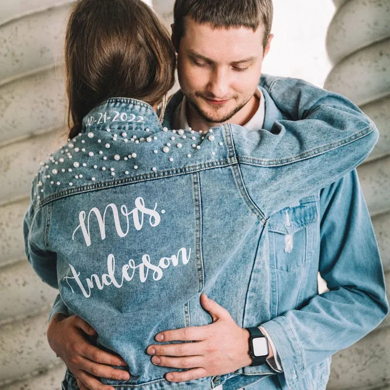 Wedding Couples Jean Jackets Personalized Denim Bridal With Pearls Jacket Coats Customed Groom Gift Outerwear Vintage Autumn New