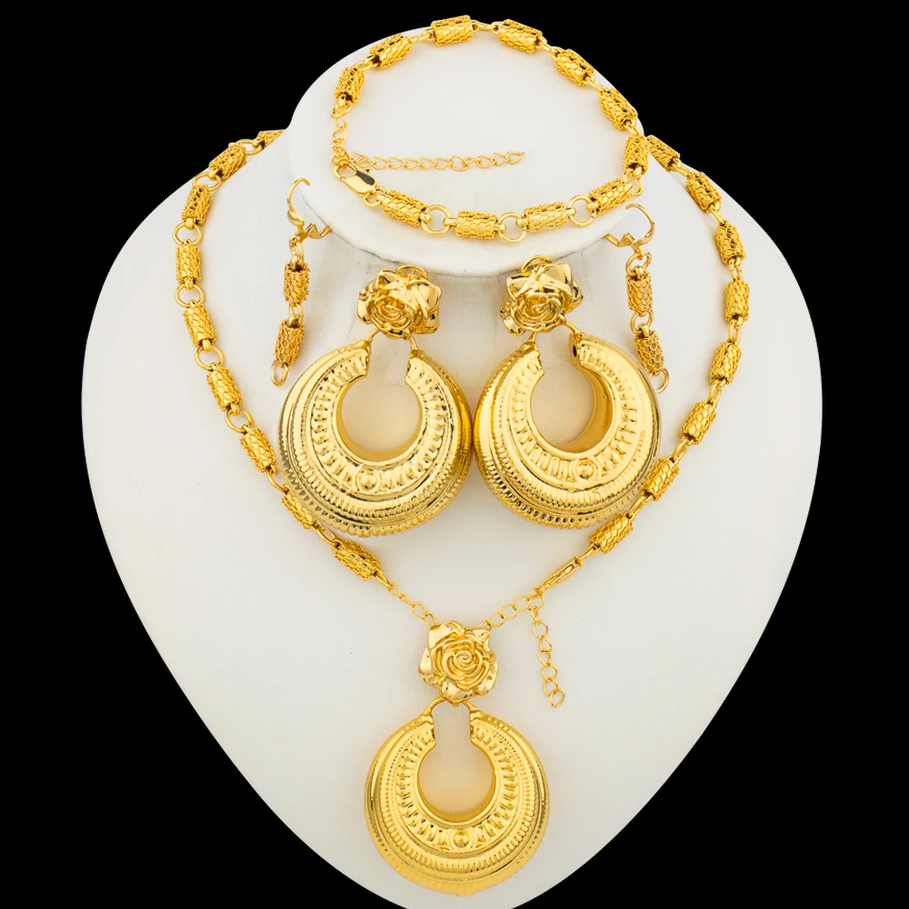 

Beads Jewelry Set For Women Hoop Earrings Pendant Sets African Dubai Golden Color Neckalce Nigeria Wedding Party Gift Jewellery