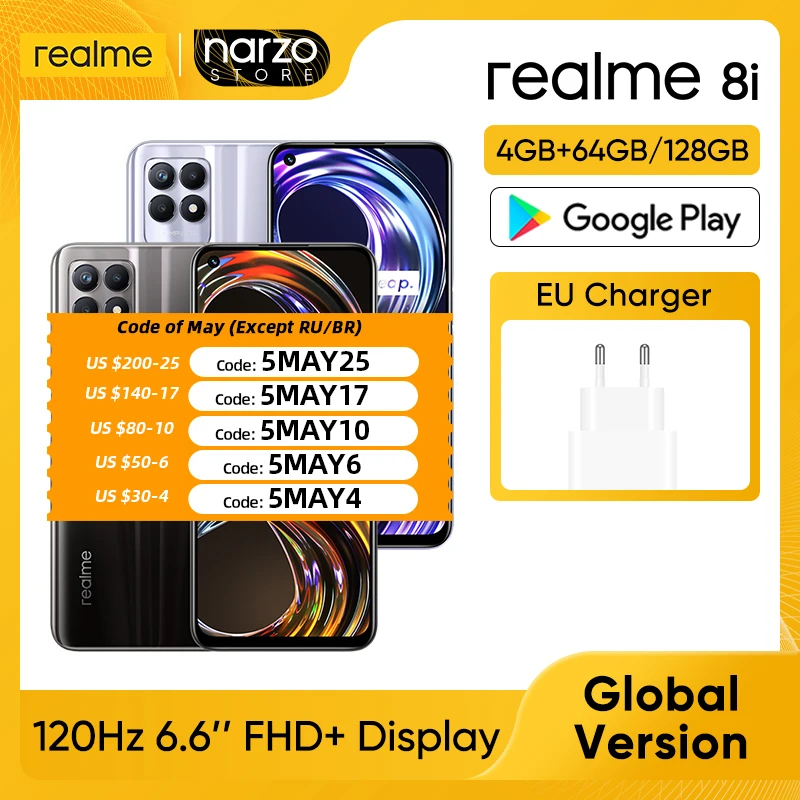  Смартфон realme 8i, восемь ядер, 4 Гб + 128 ГБ 