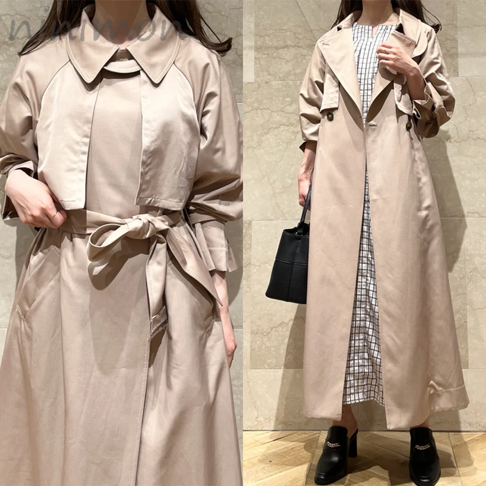 

NINIMON Women Casual Long Trench Coat With Sashes Korean Style Loose Cloak Windbreaker Spring Fall Outerwear Office Ladies Windb