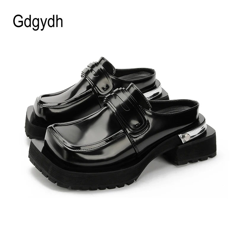 Gdgydh Korean Style Women Platform Mules Square Toe Solid Color Chunky Heels Slides Outdoor Casual Shoes Non-slip Slippers