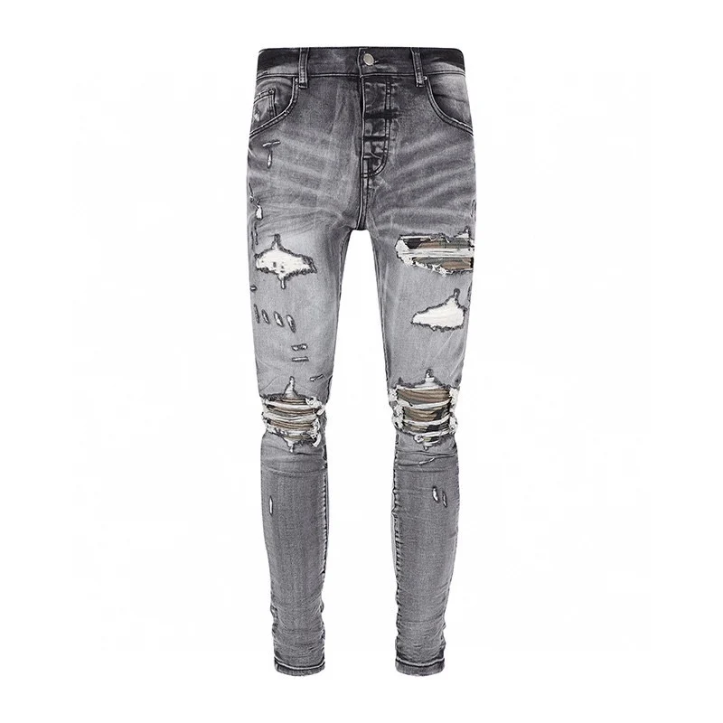 

Grey Washed Distressed Denim Fitted jeans skinny Hole Distressed designer Ripped Damaged Slim Stretch Destroyed Pants Trousers