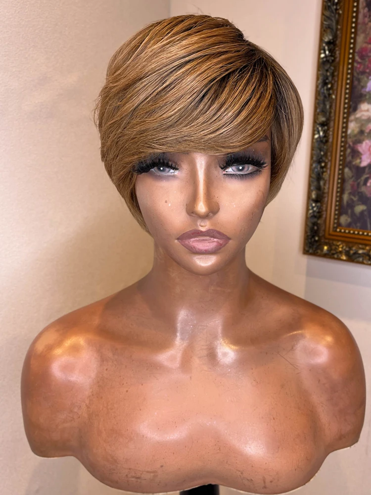 

Short Bob Wig With Bangs Full Machine Pixie Cut Wig Brazilian Remy HumanHair Straight Cheap Highlight Ombre Wig Glueless