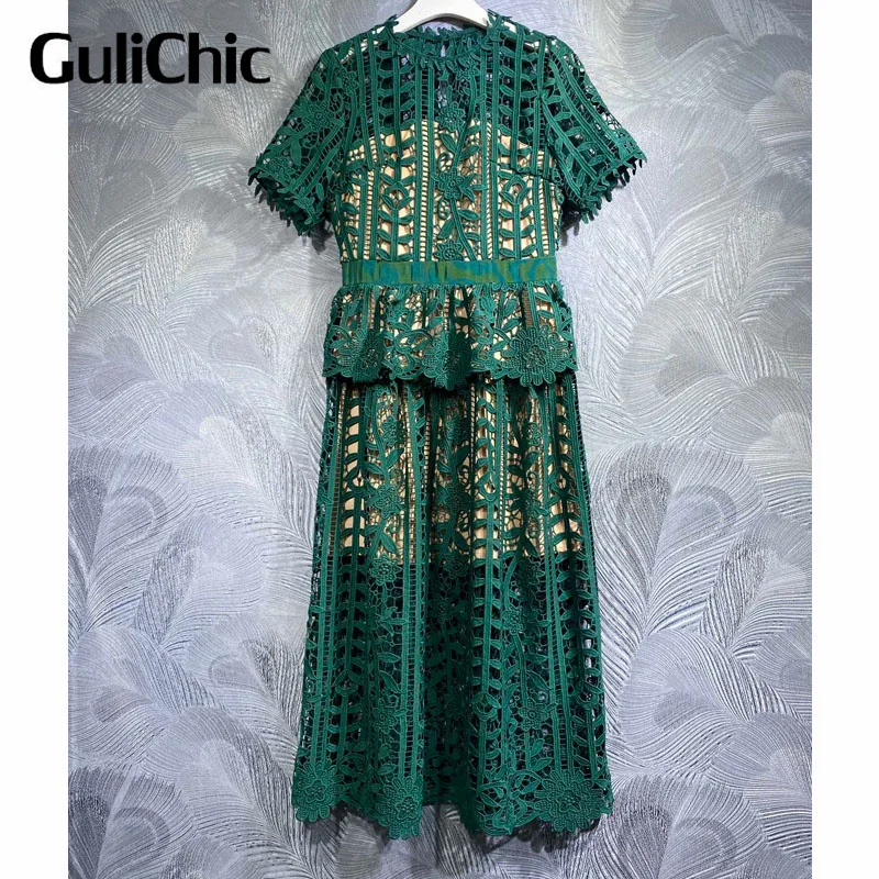 

4.27 GuliChic Elegant Embroidery Hollow Out Flower O-Neck Short Sleeve Collect Waist Slim Dress Women