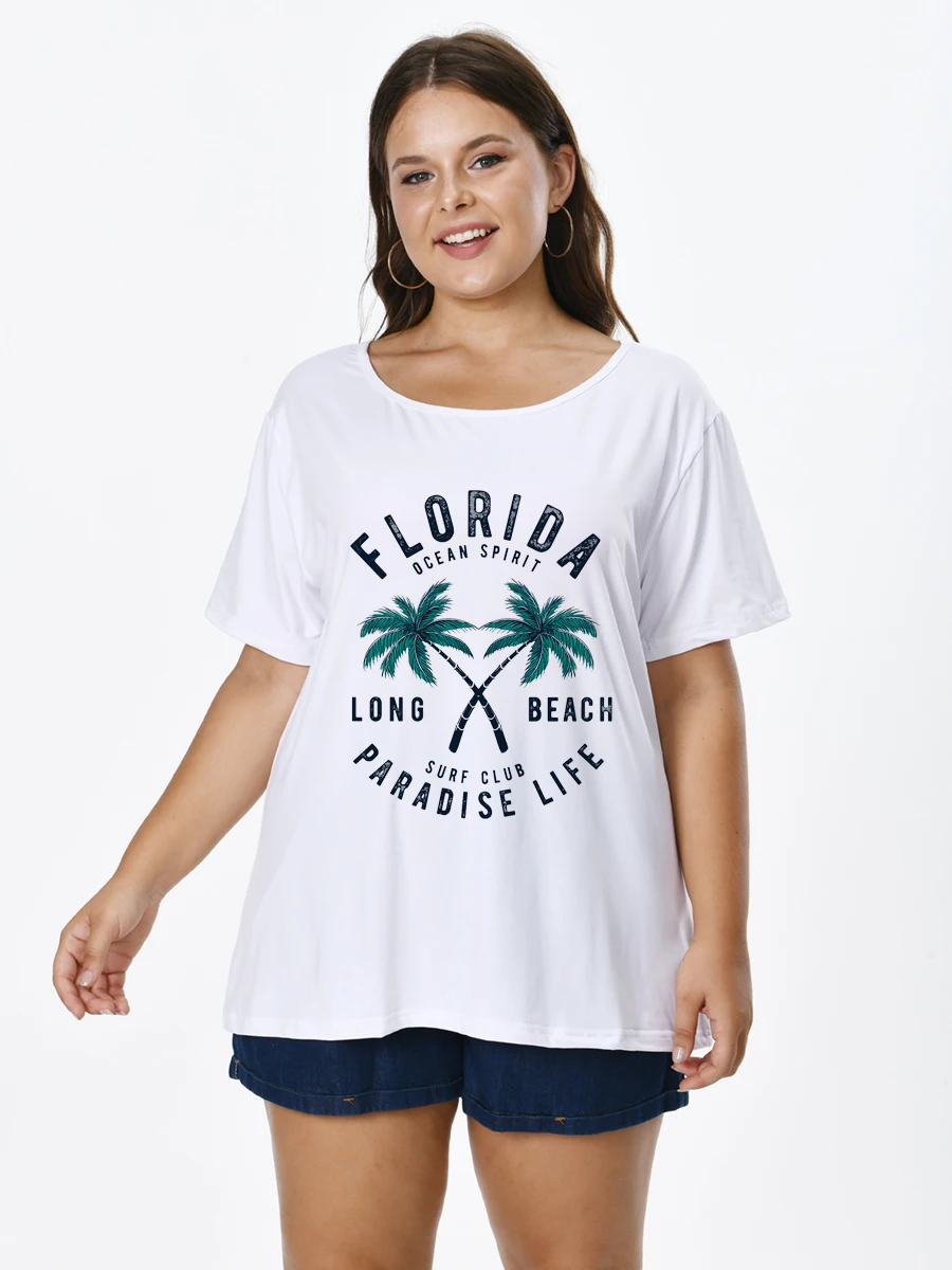 

Plus Size Women T-shirt With coconut palms Print O-neck Short Sleeve Tops for FEMMES Large Tunics Blouses Mujeres Talla 22061411