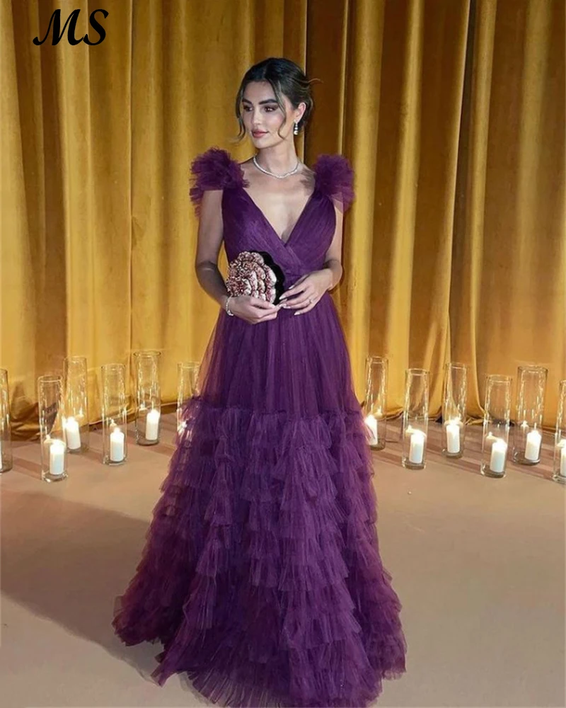 

MS A Line Tulle Ruffled Evening Party Gowns V Neck Saudi Arabia Vestido De Festa Prom Dress 2022 For Women Plus Size Custom Made