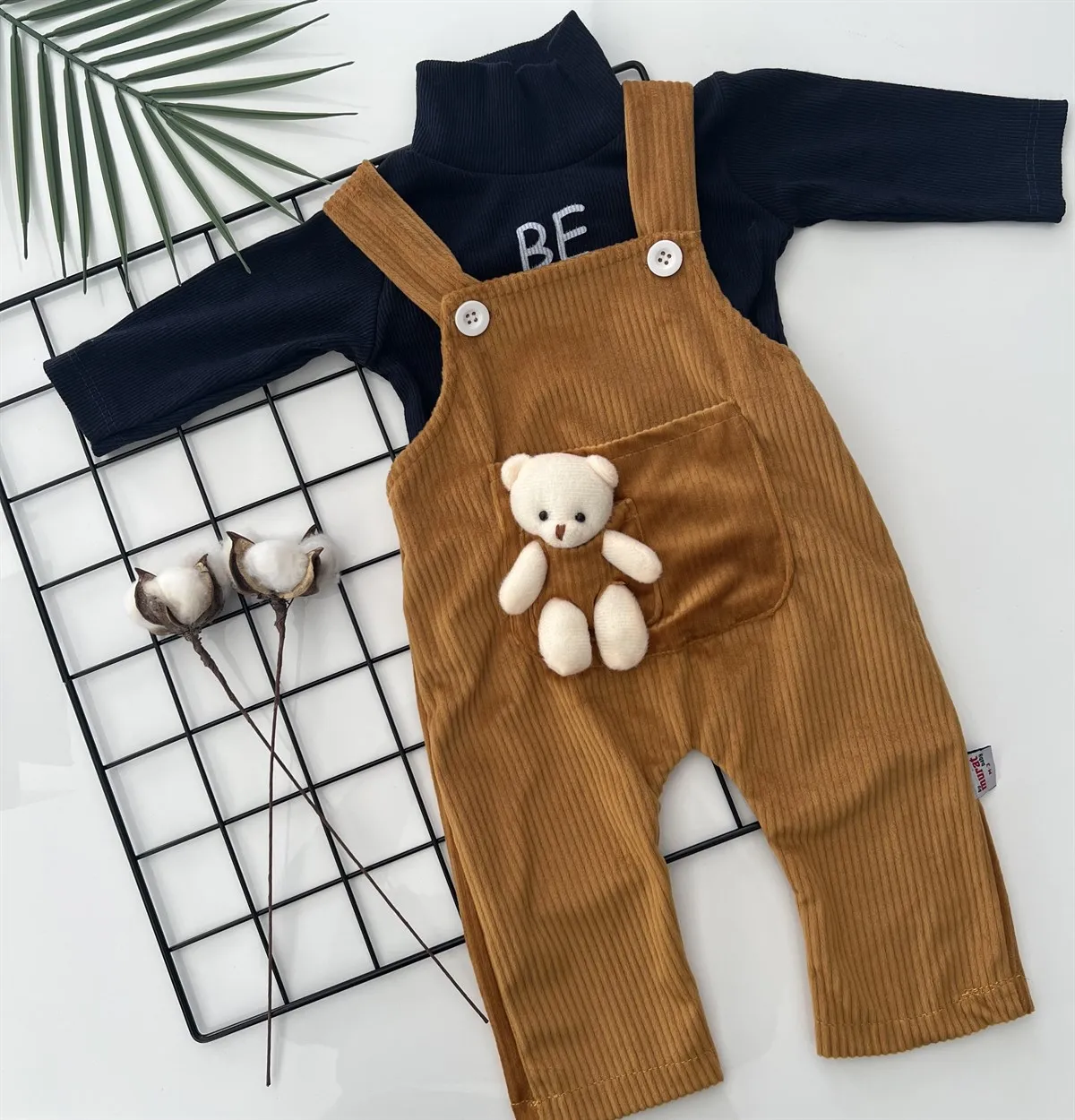 

Jaju Baby Kids Mustard Velvet Teddy Bear Salopette and Tshirt Set