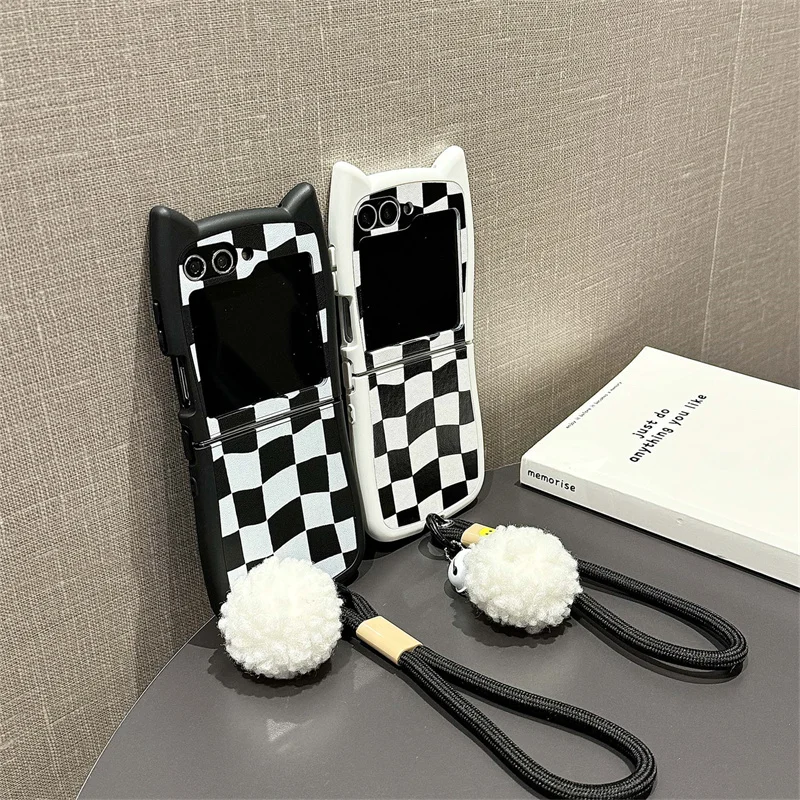 Cartoon Cat ears Plaid leather wristband Case Samsung Galaxy Z Flip 6 5 flip 3 4 Hand cord Cute plush shockproof cover fashion