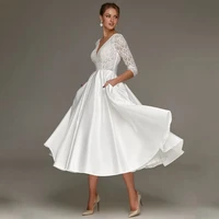 short wedding dress lace v neck 34 sleeves midi wedding gown 2022 white satin tea length a line simple bridal dresses for women