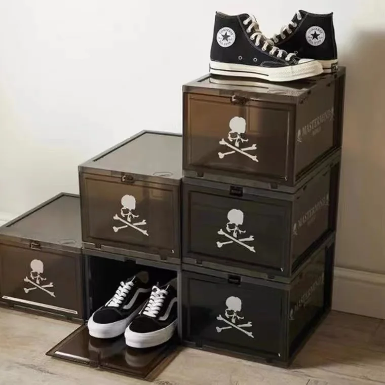 

Dark MMJ skull shoe box black transparent acrylic sneakers side opening display shoe wall folding shoe cabinet storage box