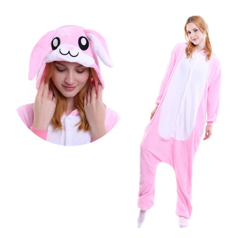 Family Kigurumi Pajamas Pink Rabbit Animal Onesie Cosplay Costume Pajamas For Kids and Adults With Slippers