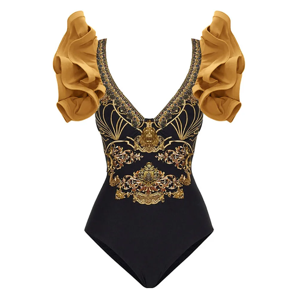 Pleated Three-Dimensional Ruffled Swimsuit V-Neck Sexy  Slim One-Piece Printed Bikini Chiffon Beach Skirt Luxury Swimwear  2022