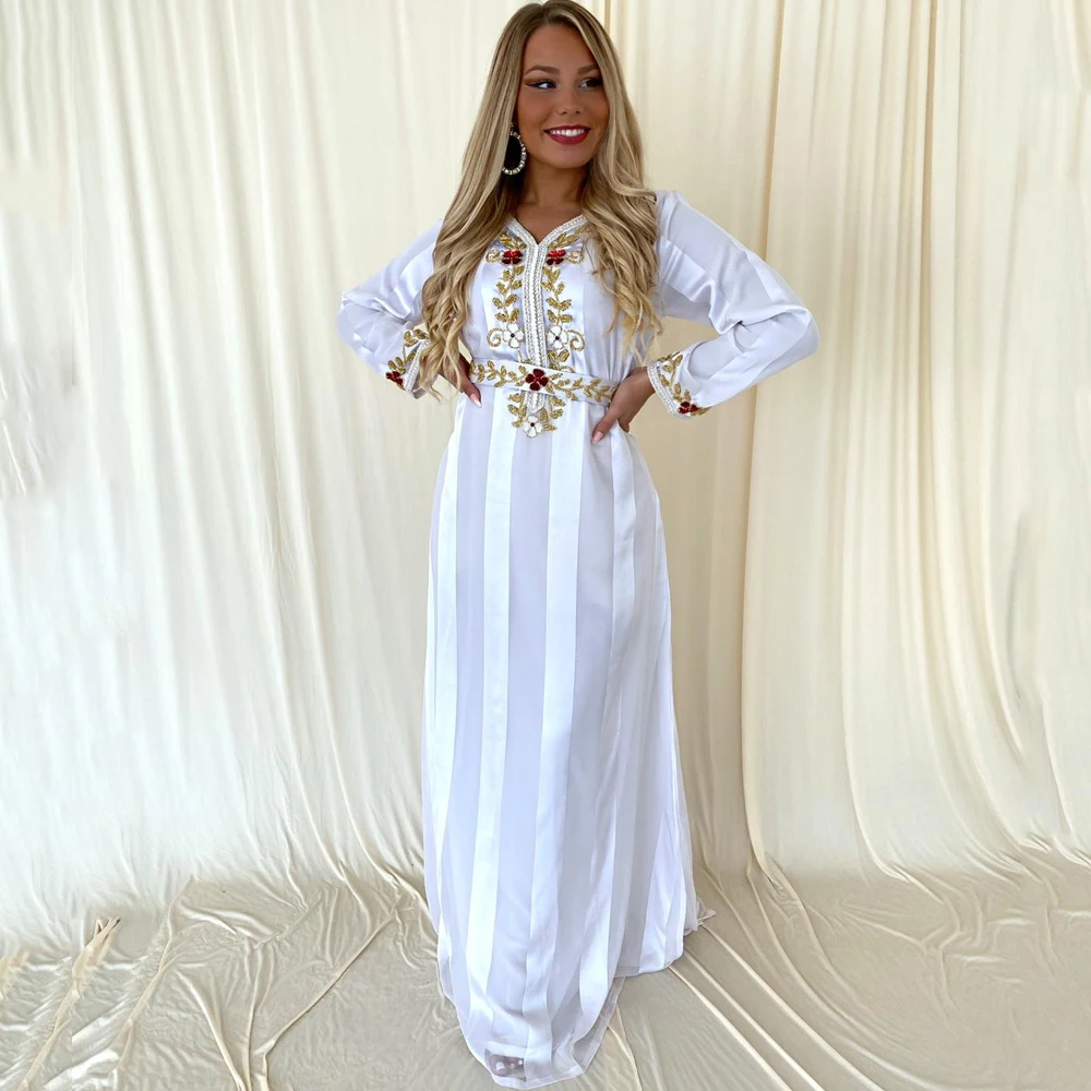 

Laxsesu Moroccan Arabic Evening Dresses Dubai Saudi Pretty Appliques Beading Long Full Sleeves Pearl White Prom Gown