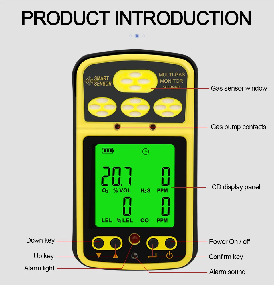SMART SENSOR Газовый монитор 4 в 1 O2 LEL CO H2S Детектор газа Перезаряжаемая сигнализация