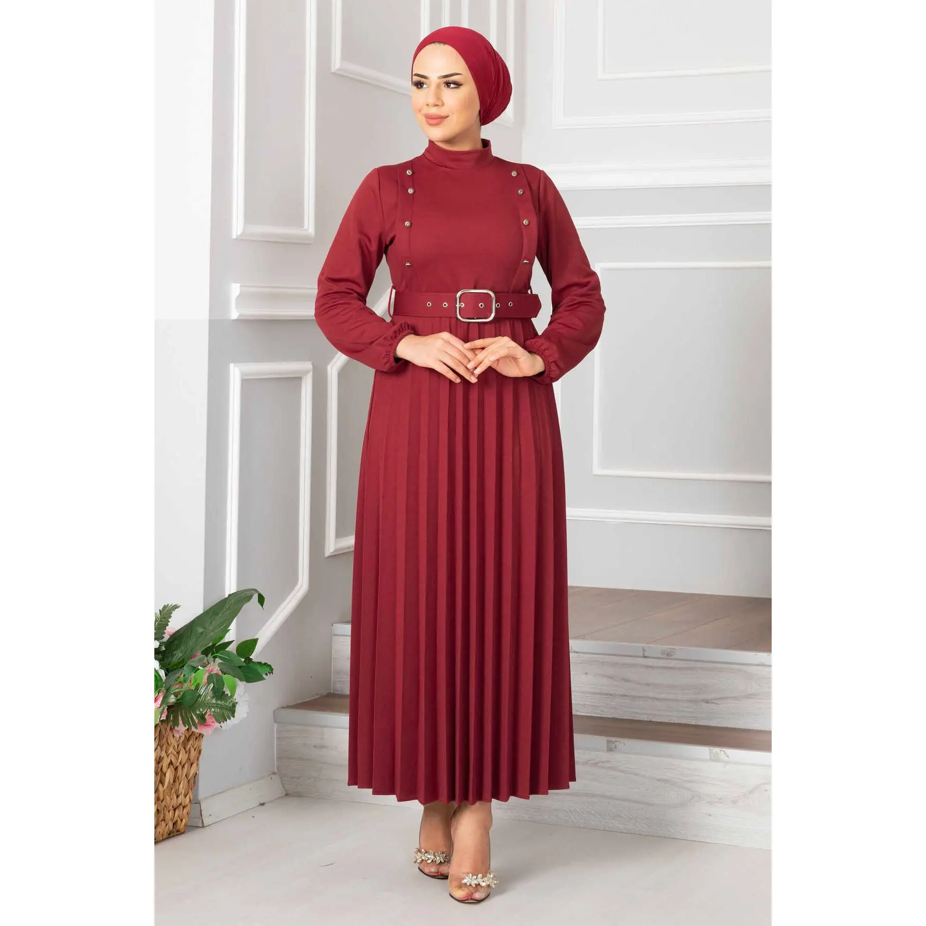 Muslim Women's Buttoned and Belted Pleated Maxi Dress Muslim Fashion Modest Clothing Morocain Abaya Kaftan Dubai Turkey 2023