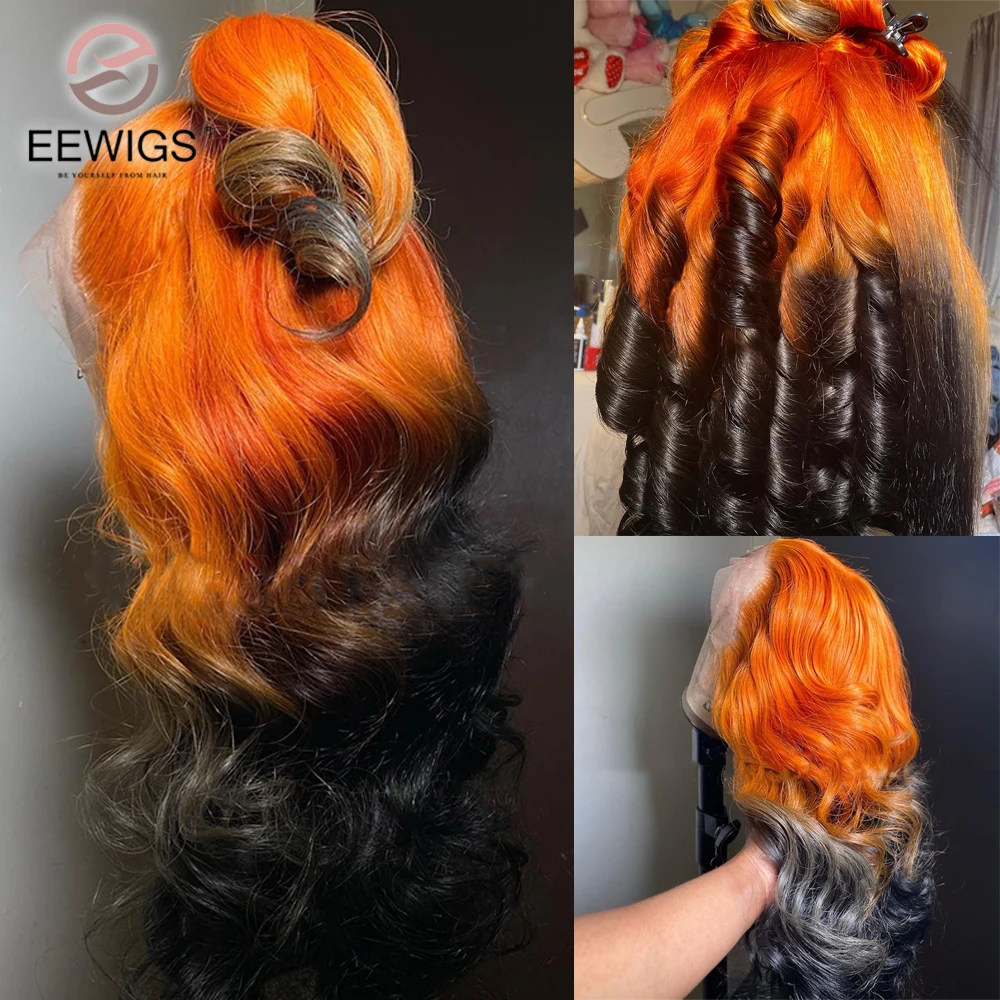 Body Wave Synthetic Ombre Orange Black Colored 30 Inch Glueless 13X4 Transparent Lace Front Drag Queen Wigs For Women Preplucked