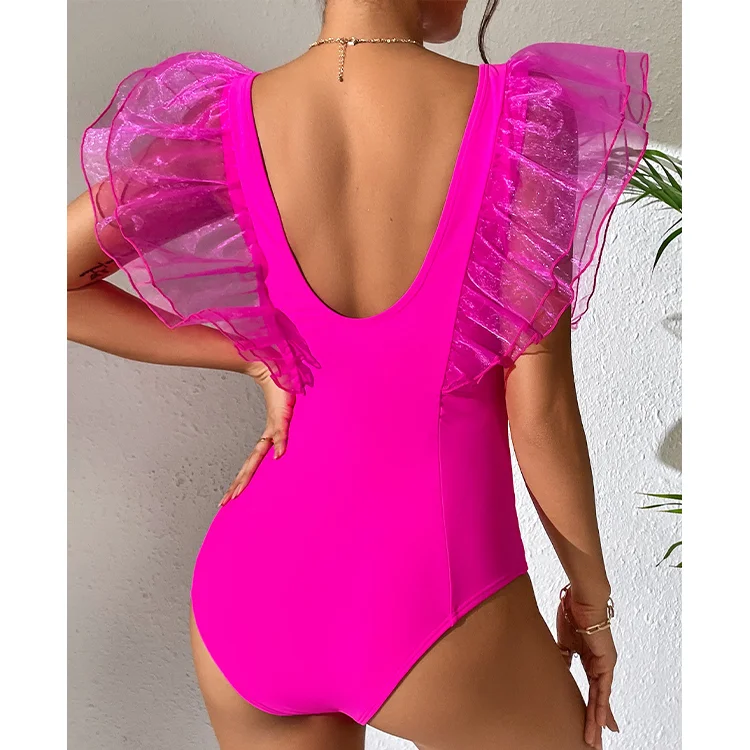 Женский купальник 2023 сетчатый розовый слитный с оборками летняя пляжная одежда