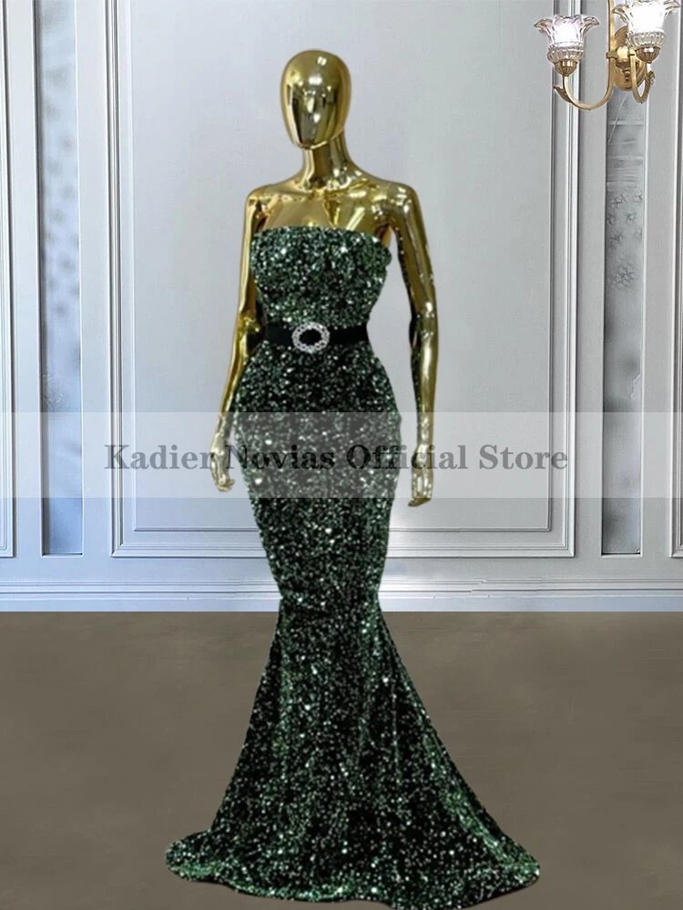 

Kadier Novias Long Green Sequin Mermaid Women's Evening Dresses with Belt Prom Party Gowns