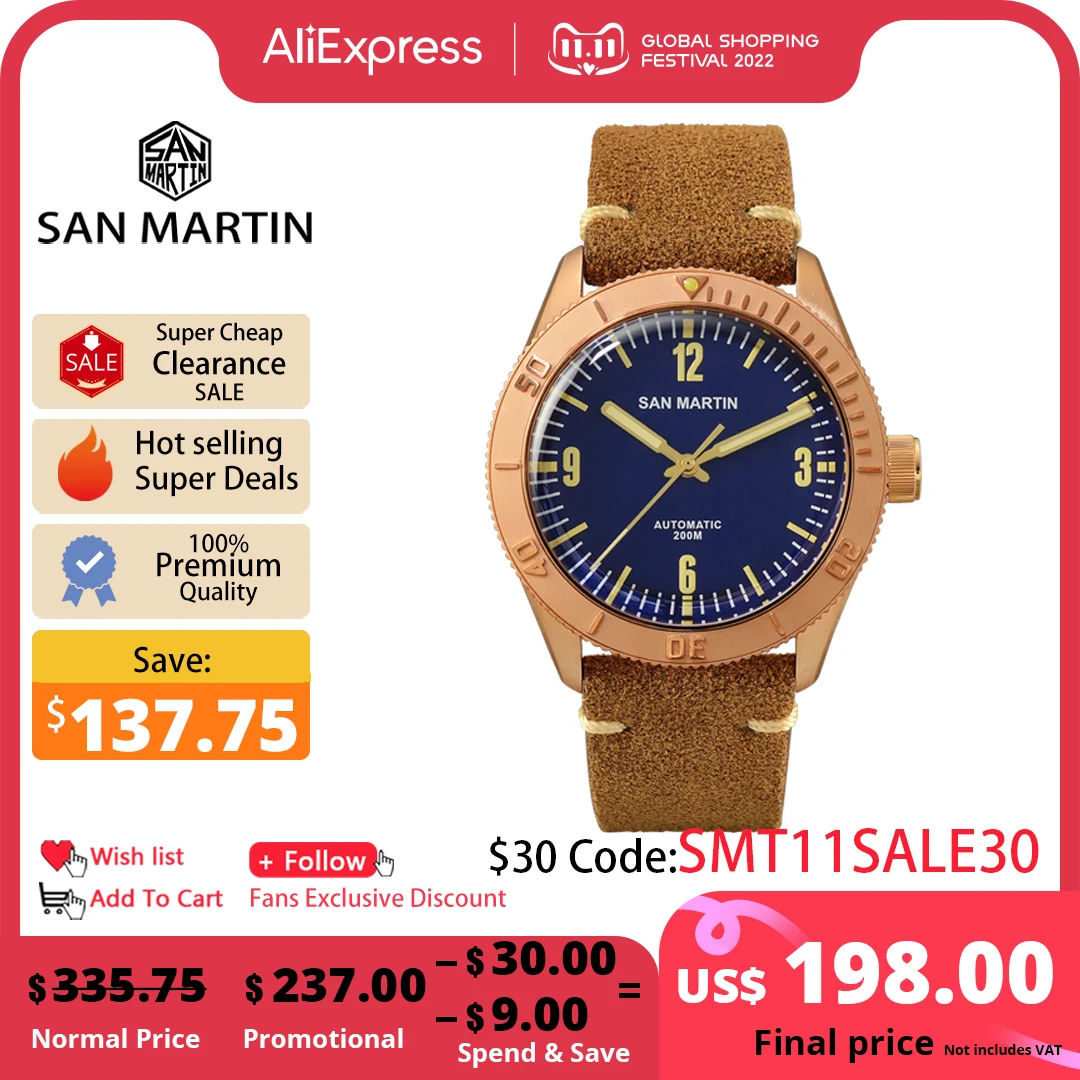 Продажа Мужские бронзовые часы San Martin 41 мм в стиле ретро Cusn8, сапфировые автоматические механические наручные часы PT5000 SW200 с кожаным ремешком 20 бар