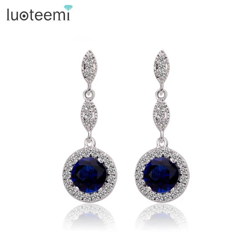 

LUOTEEMI Fashion Super Drop Earring for Women Green Blue Clear Shinning CZ Pendant Earrings Wedding Accessories for Bridal