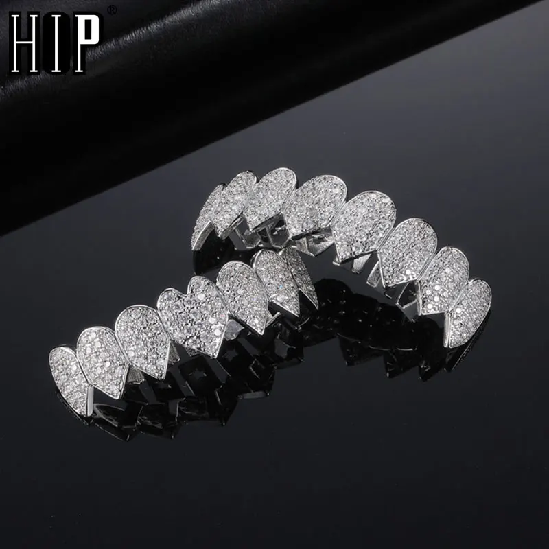 

Hip Hop Full CZ Teeth Grillz Caps Bling Cubic Zircon Iced Out Micro Pave Top&Bottom Charm Grills Set For Men Women Jewelry Gift