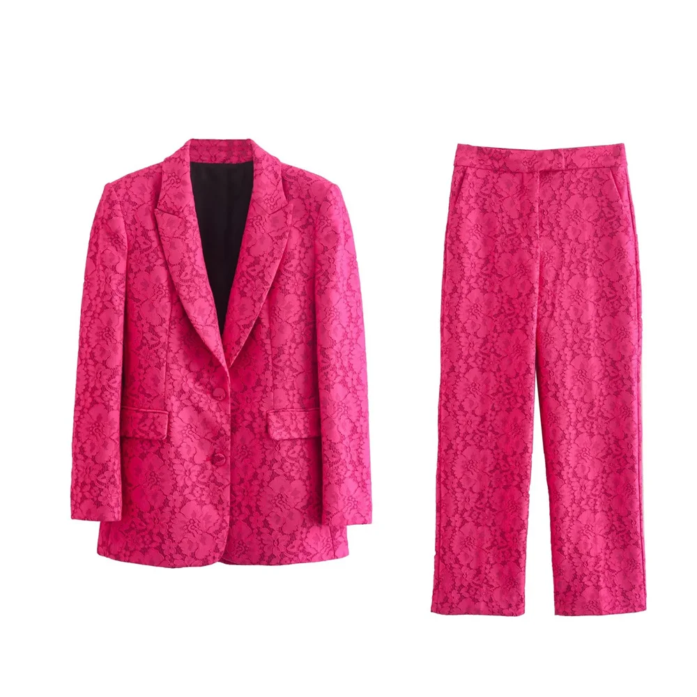 

PB&ZA 2022 Autumn New Women's Wear Beautiful Temperament Lace Fabric Slim Suit Jacket High Waist Straight Pants Two-piece Set