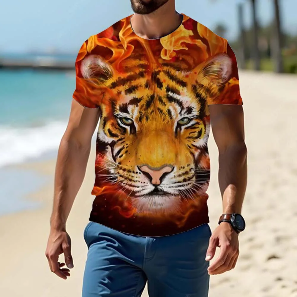 Летняя мужская модная футболка короткий рукав из 100% полиэстера 3d-принт Тигр
