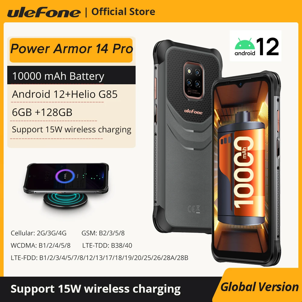 Ulefone Power Armor 14 Pro Rugged Phone 10000mAh Android 12 Waterproof Smartphone 128GB  Wireless Charging NFC Global version